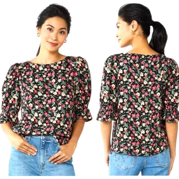 DRAPER JAMES RSVP™ Cinched Elbow Sleeve Floral Top - Black/Multi - XL - Picture 1 of 10
